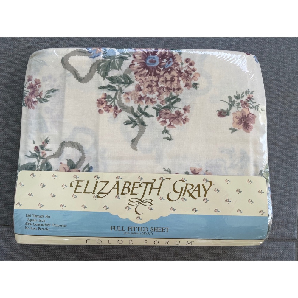 Vintage Elizabeth Gray Victoria Floral Full Flat & Fitted Sheet Set NEW Cottage - Picture 2 of 8